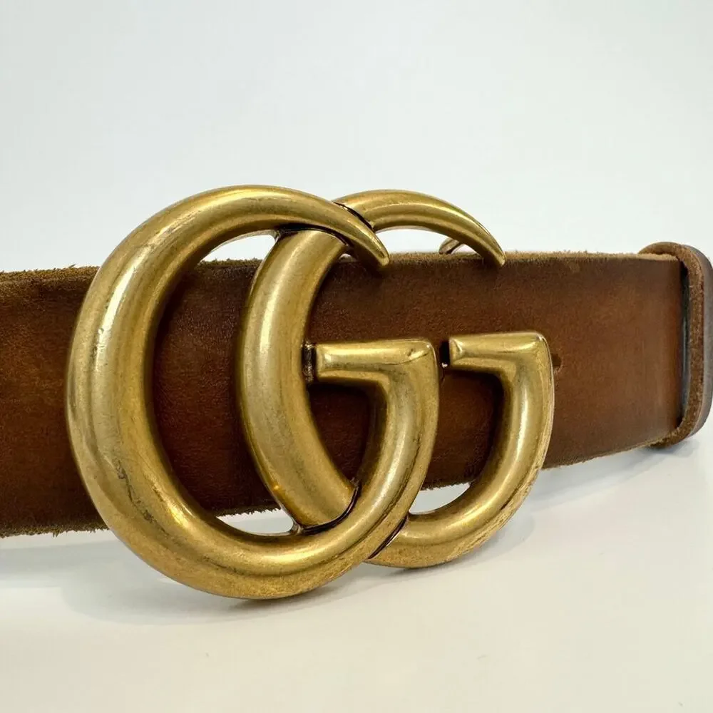 GUCCI Brown Leather Gold Belt GG Marmont Wide Calfskin Adjustable Size 85